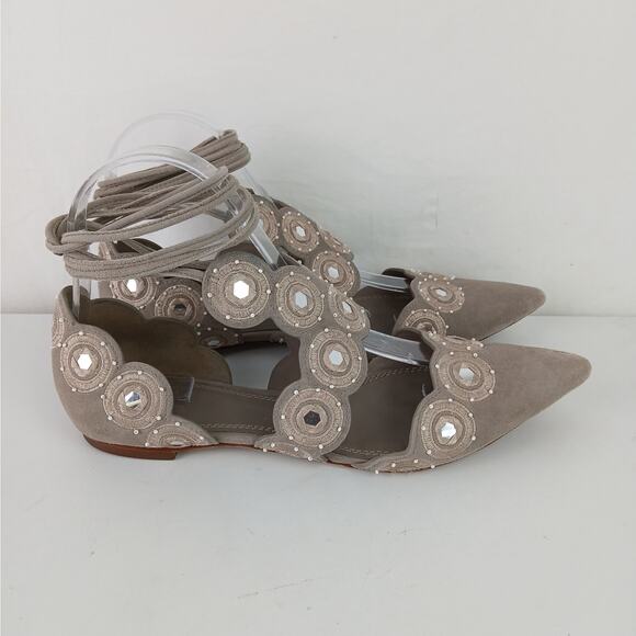 Tory Burch SZ 6.5 Yasmin d'Orsay Point Toe Flats Dust Storm Beading Embroidery - Picture 3 of 9